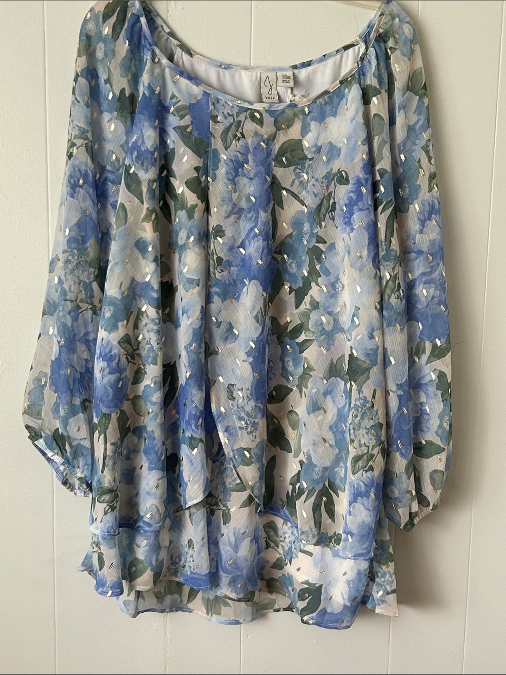 Joie Blue Floral Blouse with Gold Accents Ruffle layer Front